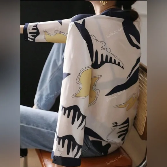 SHEIN Women's Abstract Print Button Down Shirt - Navy and Yellow - Picture 3 of 6